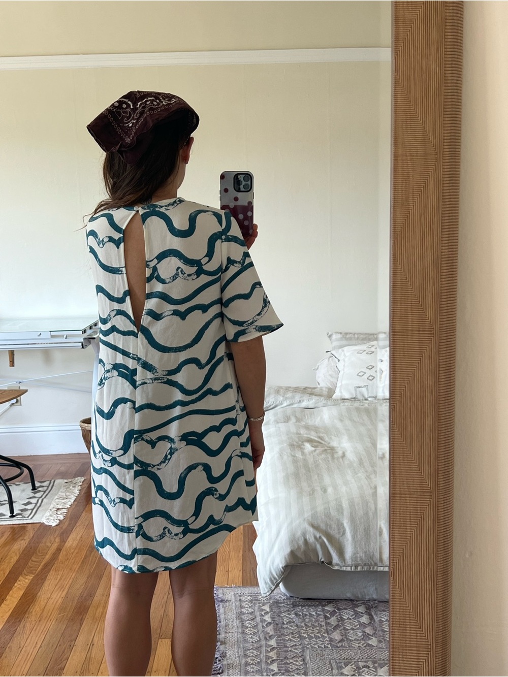 Nwot 2010s American Apparel Size S White + Blue Dress With Abstract Wave Print View 3